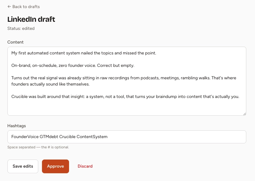 A draft LinkedIn post generated by Crucible with editing tools to approve or rewrite