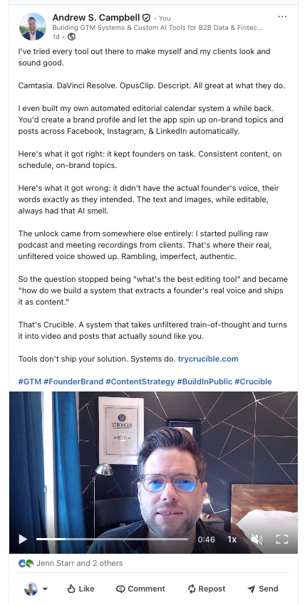 A LinkedIn post published directly from Crucible
